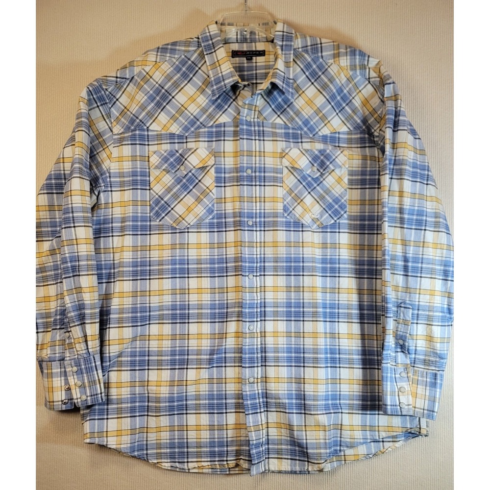 Roper western Plaid Long Sleeve SnapPearl Blue YellowWhite Heavy Cotton 2XL